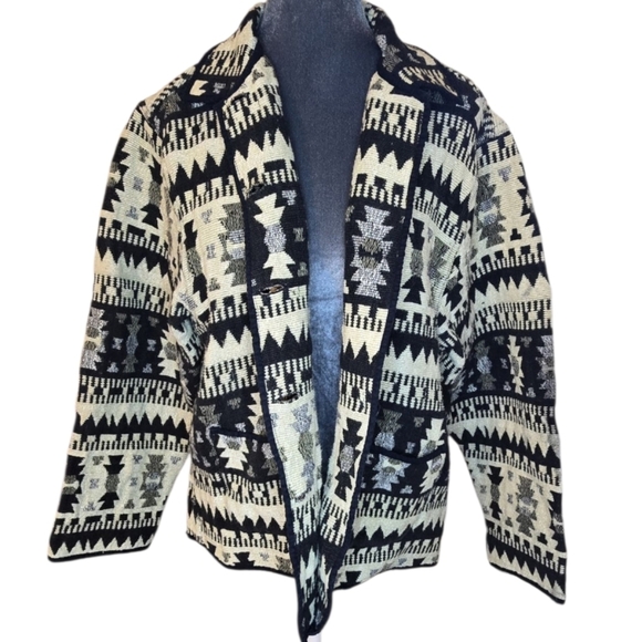 Jane Ashley Jackets & Blazers - Jane Ashley Tapestry Aztec Southwest Print Cotton Black and Ivory Jacket Blazer